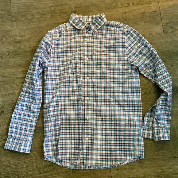 Vineyard Vines Whale Shirt Boys L 16-18 Button Down Checkered Red Blue White - Picture 1 of 4